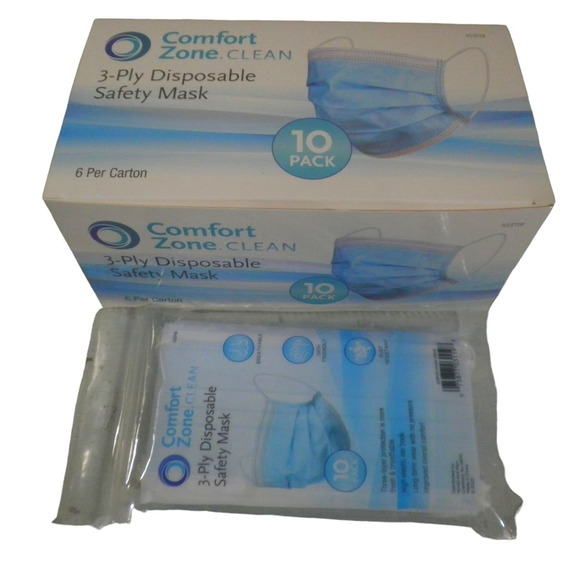 Comfort Zone Clean 60-PK Disposable Safety Mask (6 x 10-PKS) 3-Layer Protection - Picture 1 of 4